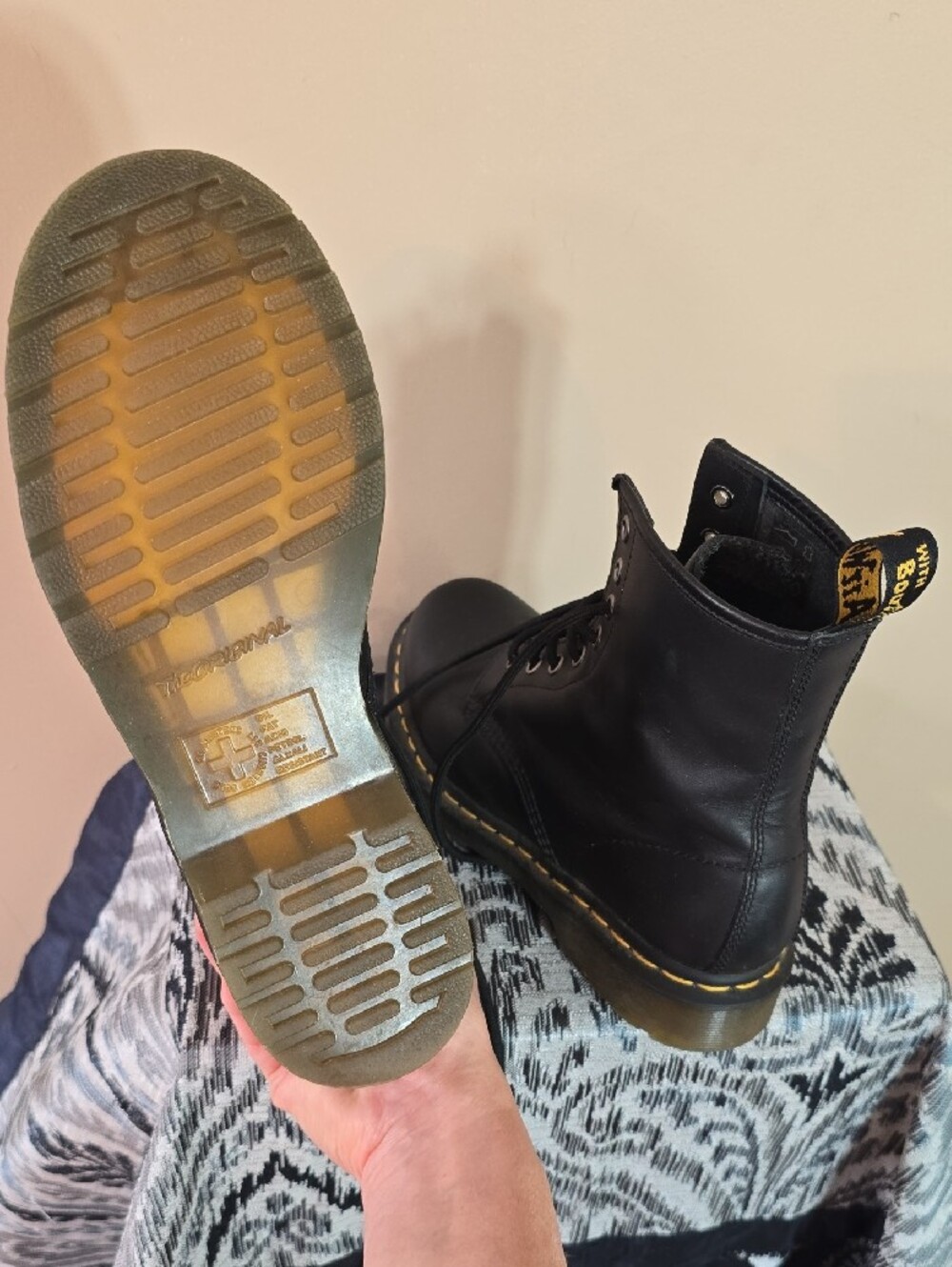 Dr. Martens Black Leather Lace-Up Combat Boots with Yellow Stitching - Picture 7 of 14